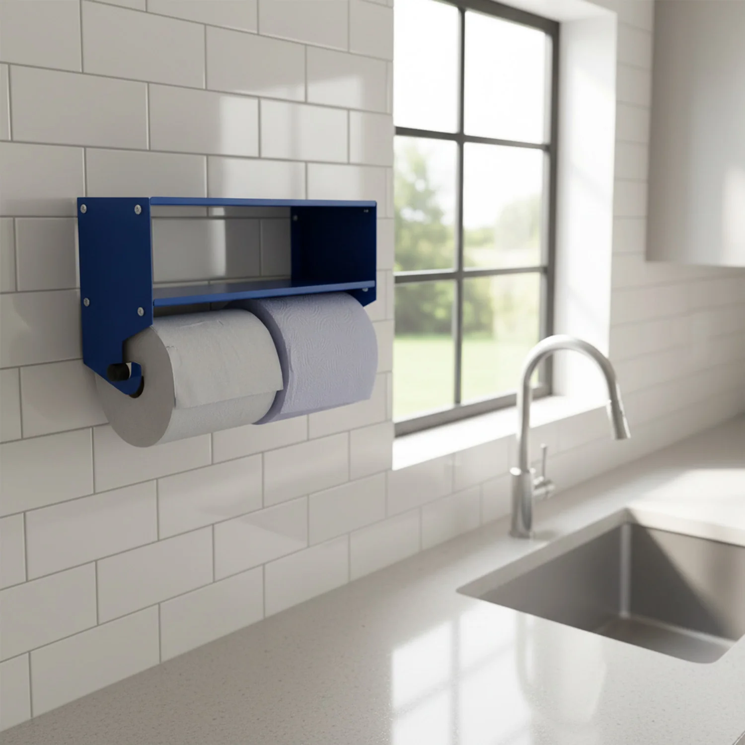 MegaMaxx UK™ Dual Blue Roll & Paper Towel Holder with Double Shelf - Image 3