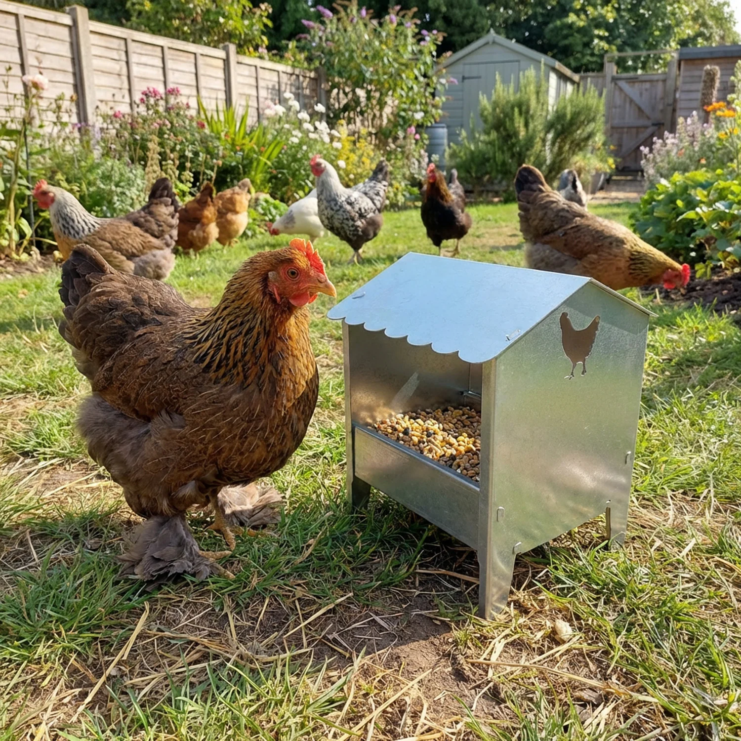 Small Chicken & Poultry Galvanised Feeder with Roof - Image 3